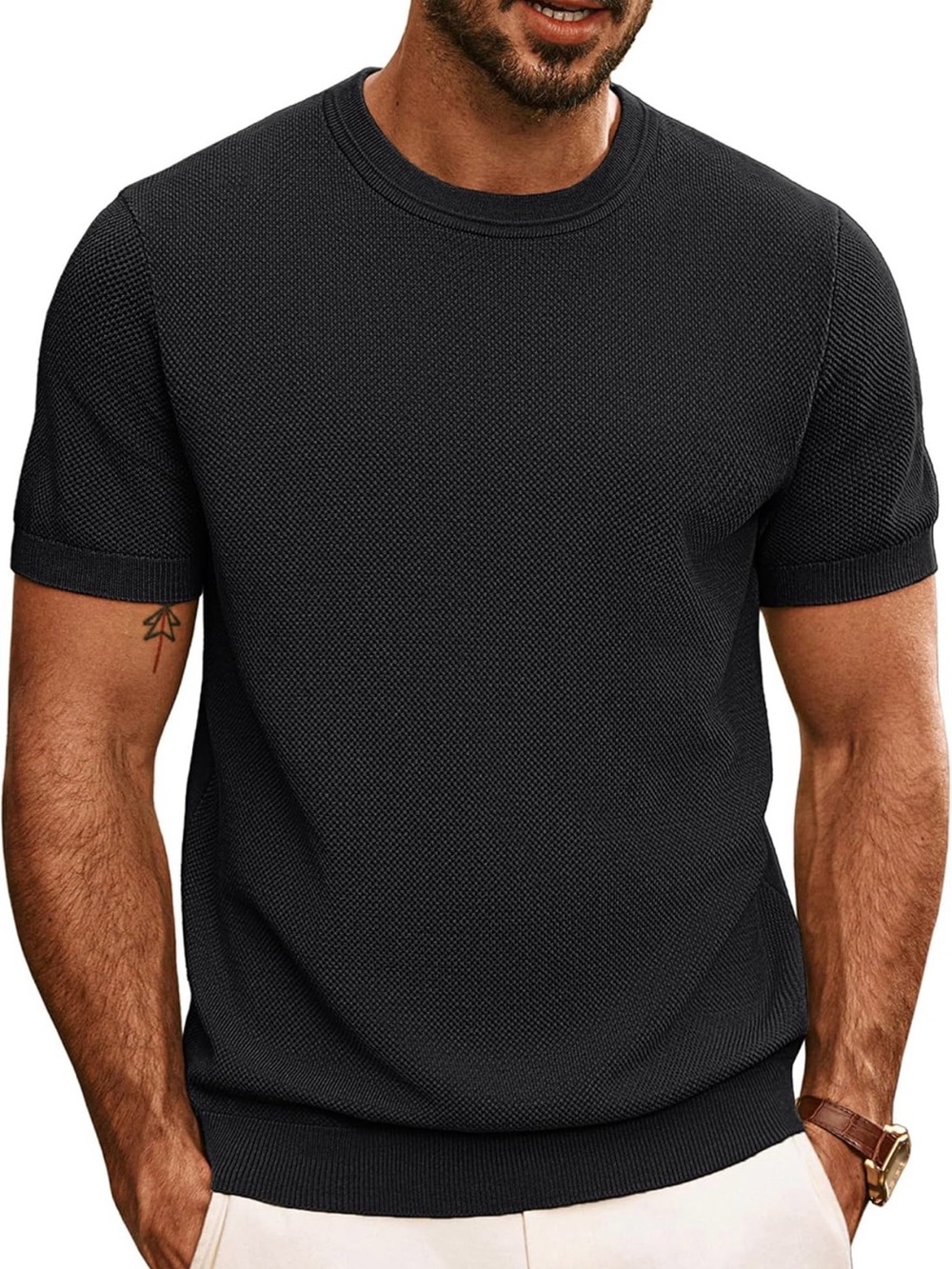 Men's Black Short-Sleeve Knit Crewneck Shirt